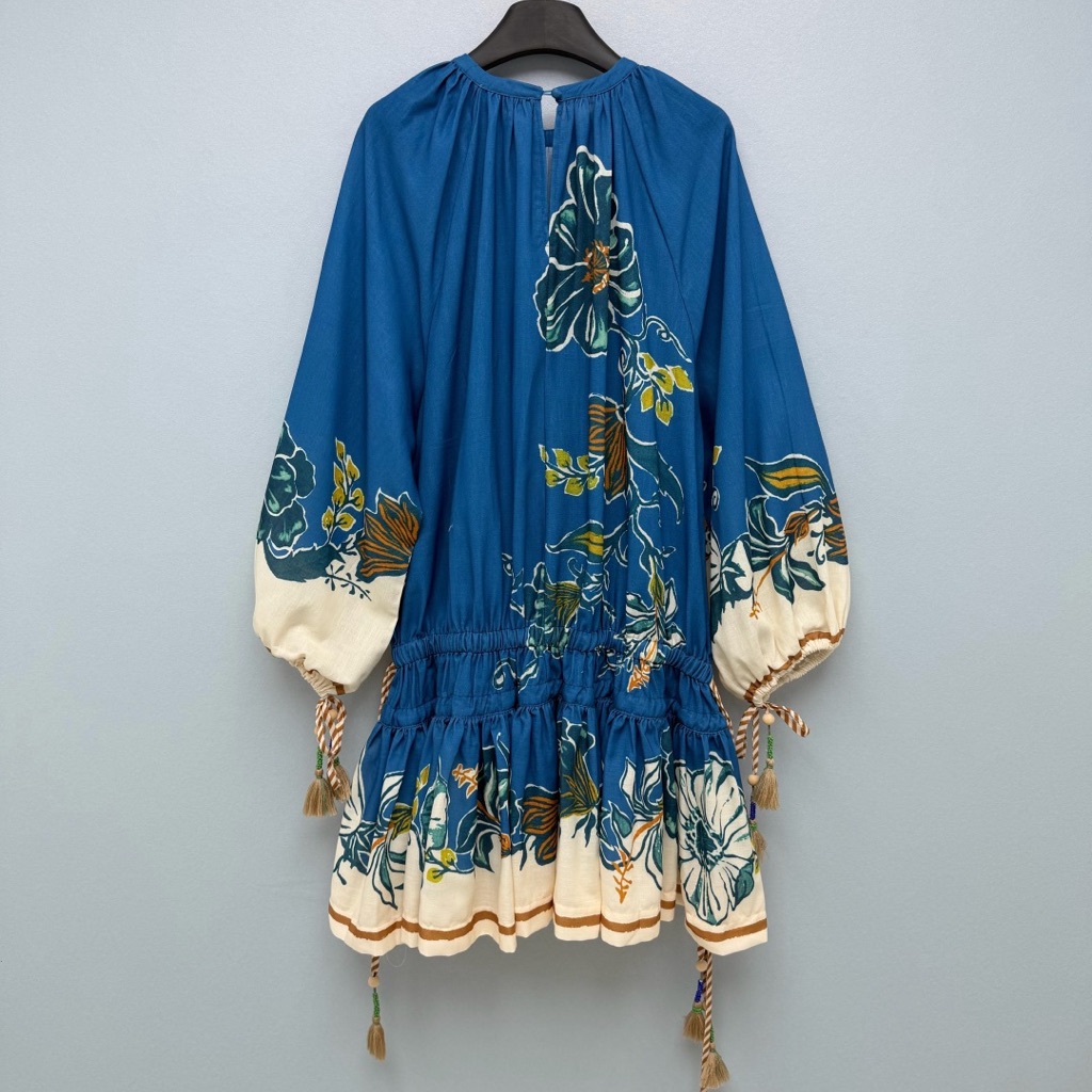 Alemais Blue Floral Peasant Dress With Cream Accents